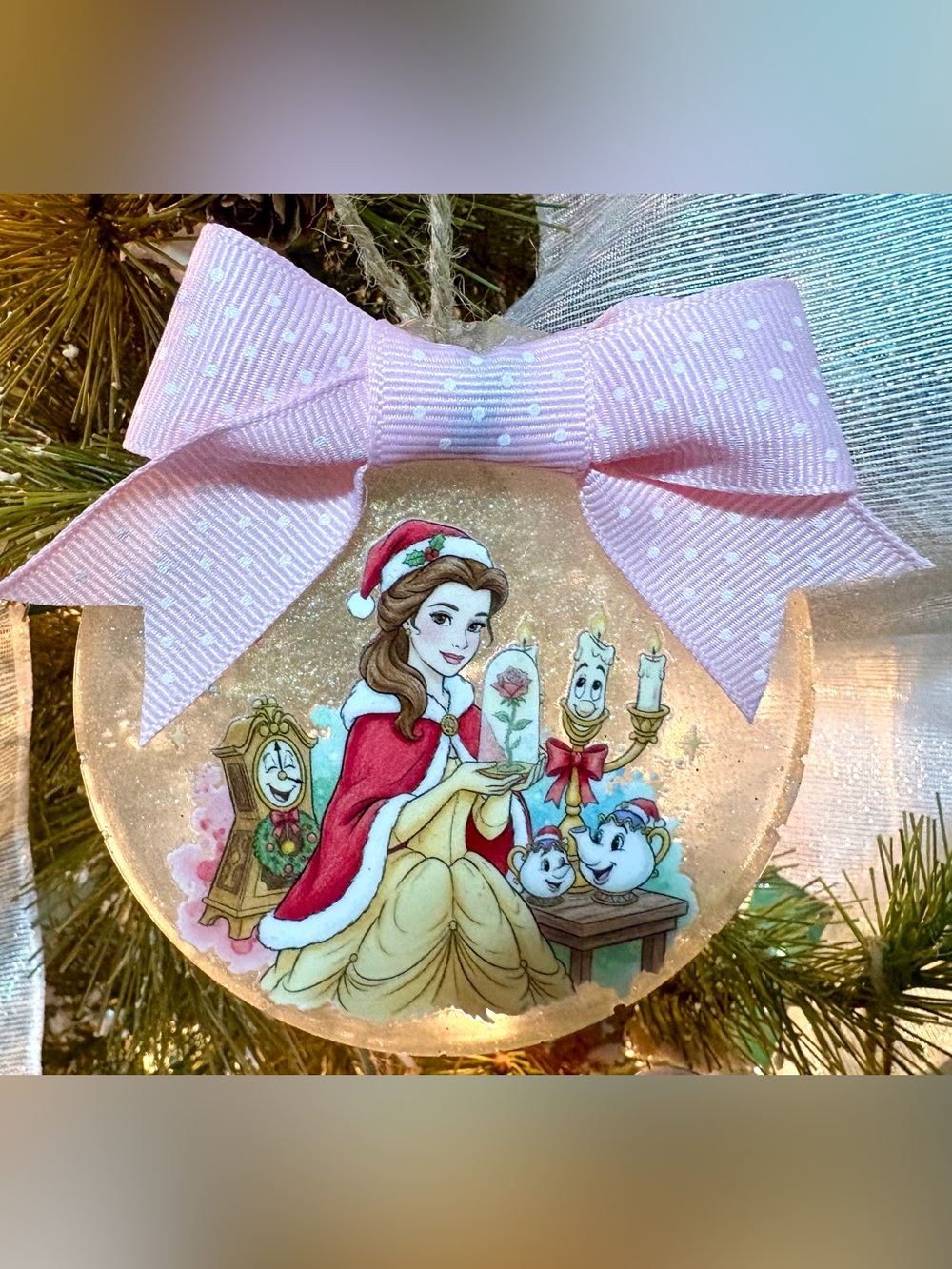 Beauty and the Beast Holiday Ornament with Pink Bow